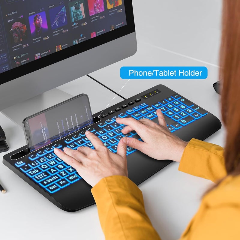 SABLUTE Large Print Backlit Keyboard, Wired USB Computer Keyboards with 7-Colors Backlight, Wrist Rest, Phone Holder, Oversized Letter Keys Easy to See and Type for Laptop, PC, Windows, Black - Image 5